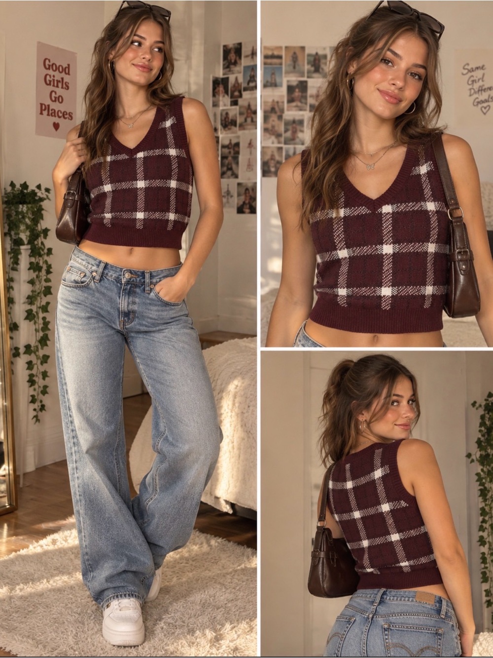 Hollister Burgundy Plaid V-Neck Cropped Knit Tank Large Y2K Preppy Retro